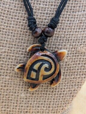 Sea Turtle Pendant Necklace Adjustable Cord Tribal Boho Beach Coastal Unisex